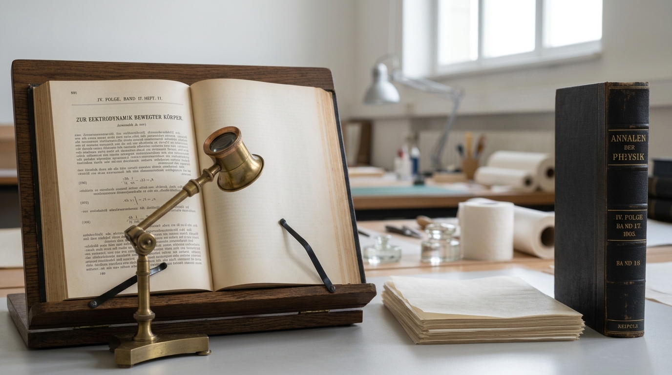A bound 1905 Annalen der Physik journal volume open on a collation stand beside a second reference copy, a brass jeweller's loupe on its own stand angled over the page but not yet locked down