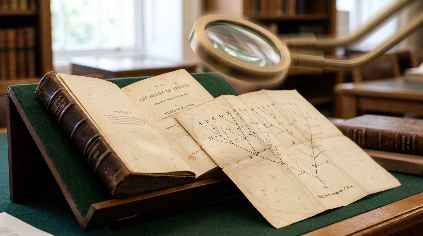 The 1859 Origin of Species held open on a felt-lined cradle to its single fold-out diagram, a brass magnifier lamp swinging down toward the page, the printed branching lines softened by motion and shallow focus