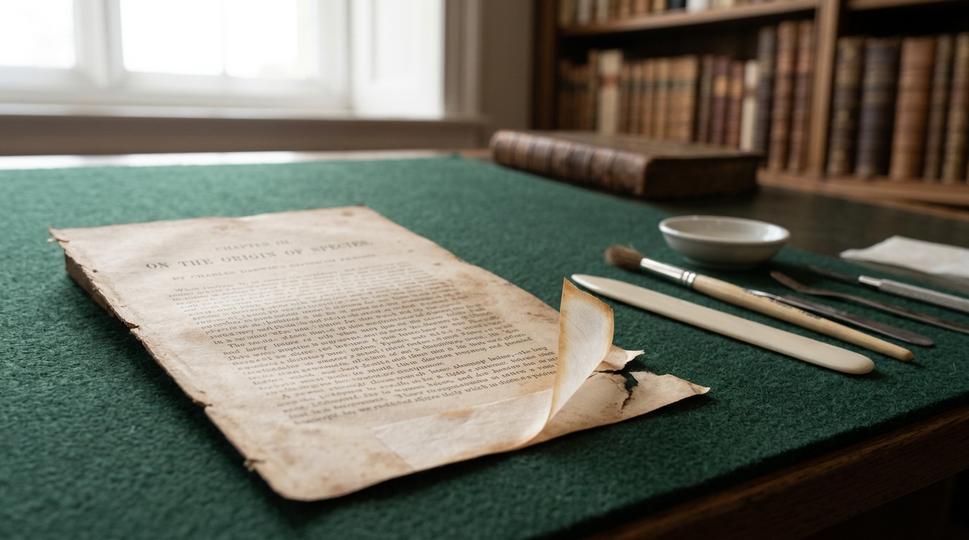 A page-repair bench where a torn, heavily foxed leaf from a well-thumbed early copy of the Origin is being mended with toned Japanese tissue, the repair only half pressed down