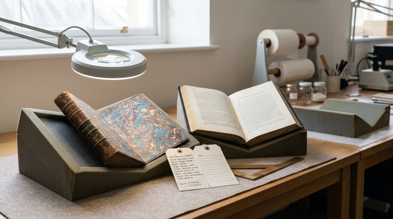 Two open first-edition volumes on a wide conservation table — an 1859 octavo of On the Origin of Species and a bound 1905 Annalen der Physik journal — lying side by side under a magnifier lamp, a condition-report tag only half filled in between them