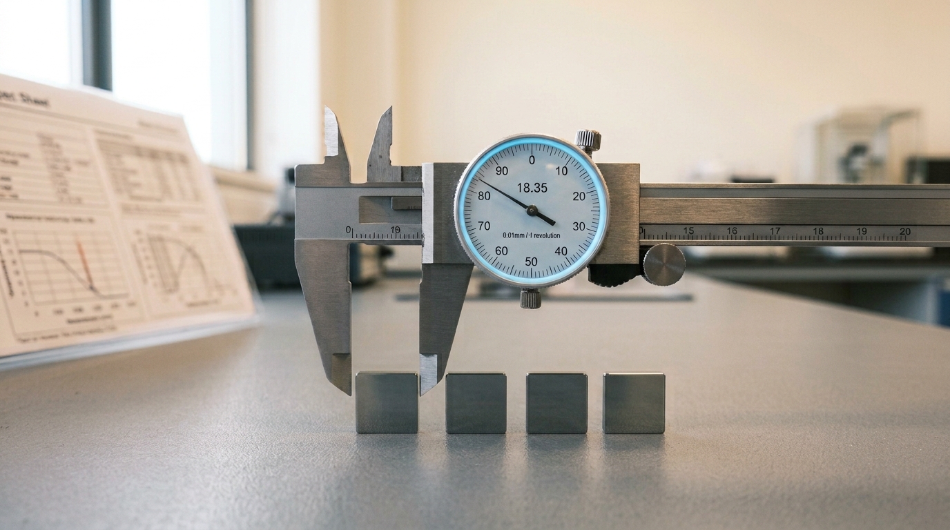 A precision caliper with its jaws set to one fixed measurement, resting across four small unlabeled sample tabs of identical spacing laid out in a row