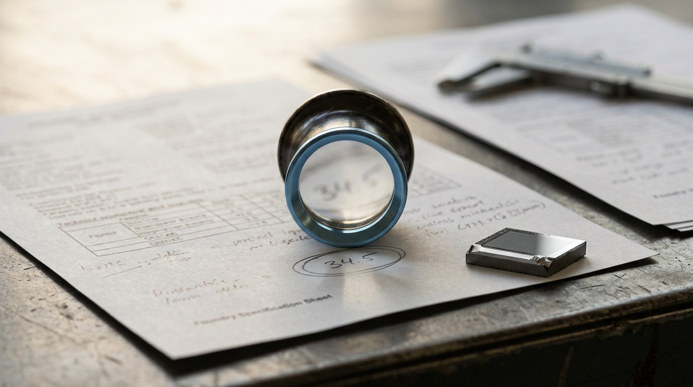 A jeweler's loupe held over a printed foundry specification sheet with a single pitch figure circled in pencil, a cross-sectioned silicon die fragment resting beside the page