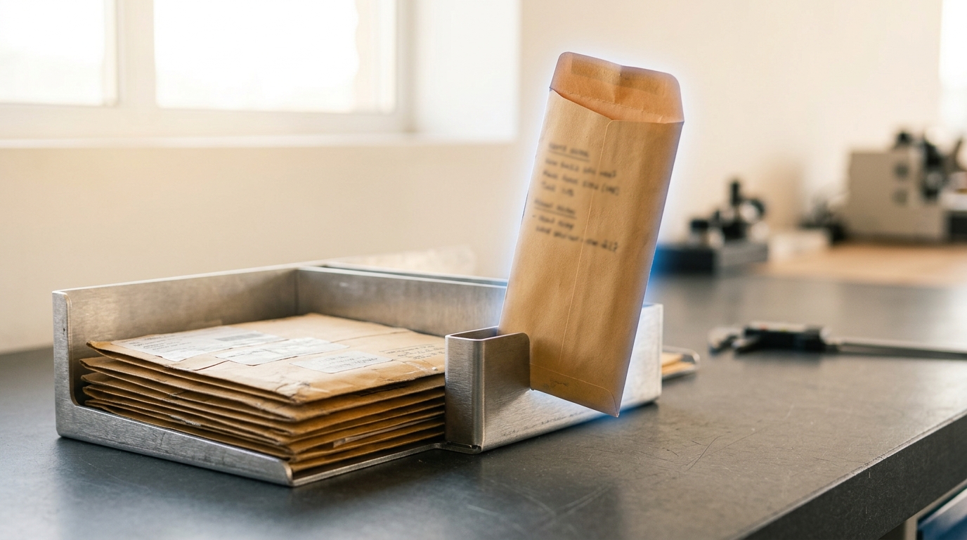 A sealed manila spec-sheet envelope standing upright in a bench document rack, its edge just beginning to lift as it is drawn out, beside a stack of already-opened envelopes lying flat