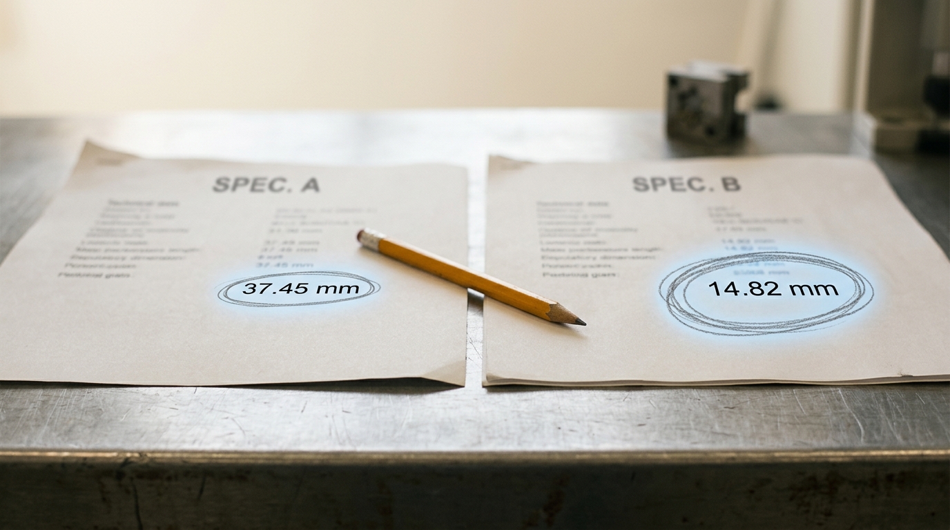 Two printed specification sheets lying side by side on a bench, each with a different number circled in pencil, one sheet's circle nearly twice the diameter implied by its larger figure