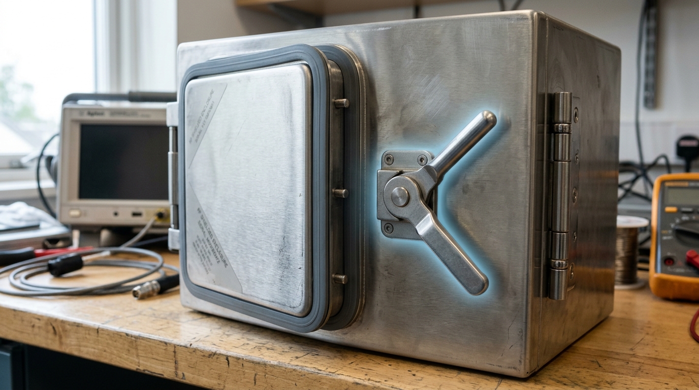 A Faraday-shielded enclosure around the gyroscope rig, its hatch held half-latched