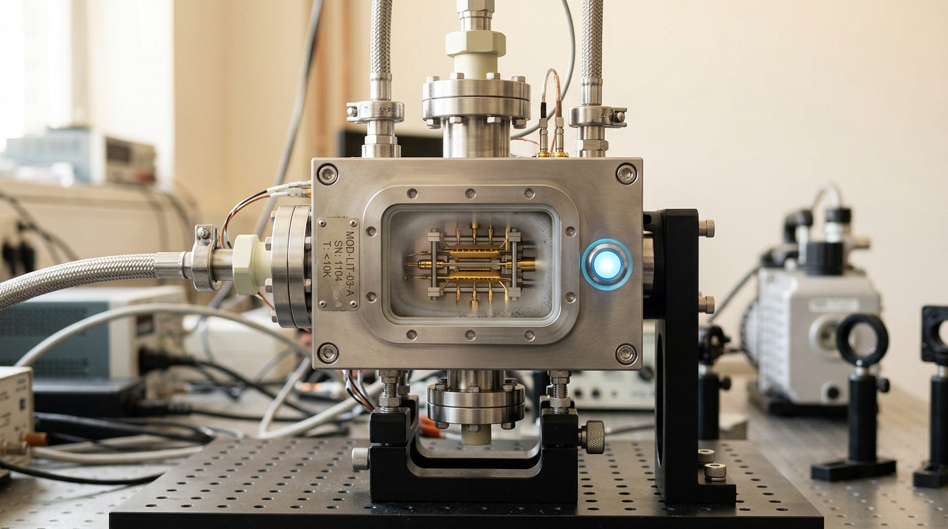 A small cryostat housing a linear ion-trap qubit array, its viewport lightly fogged