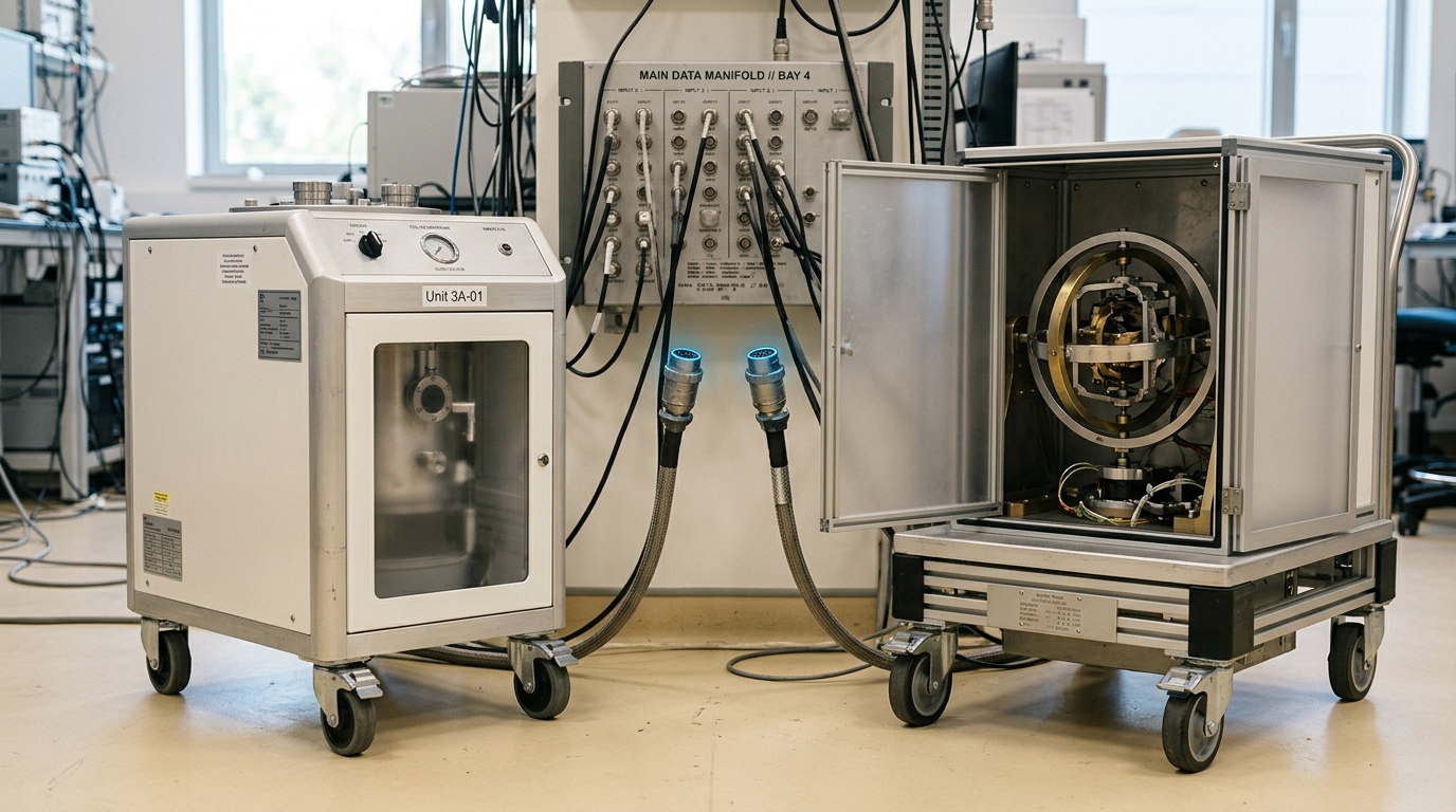 Two separate recovery rigs, a cryostat qubit array and a shielded gyroscope enclosure, converging on one shared instrument bay with cables still unplugged