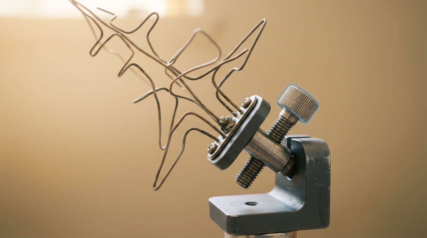 A small angular scale-model antenna on a calibration stand, its mount's adjustment screw caught mid-turn