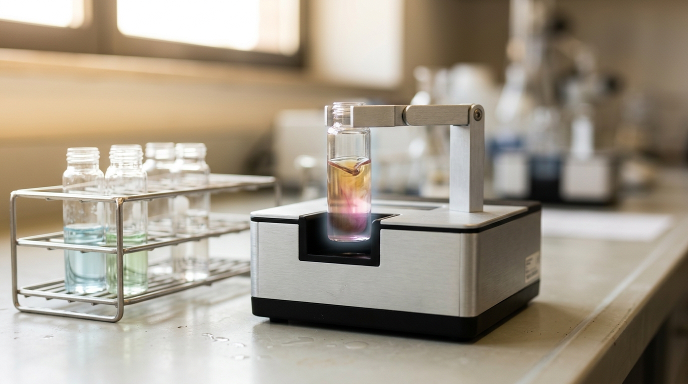 A rack of small glass vials beside a compact assay reader, one vial held partway into the reader's slot with its contents mid-change colour