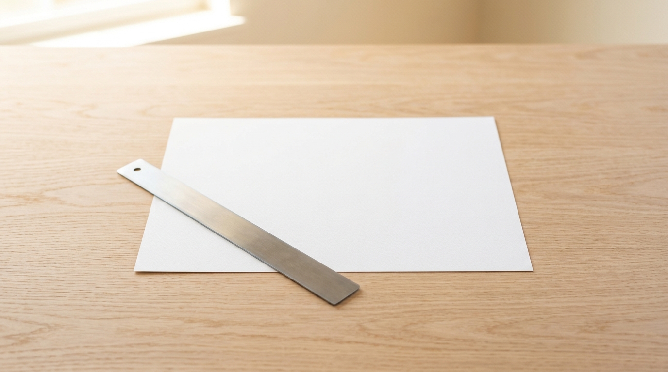 A bare wooden drafting table holding only a single blank sheet of white paper and a metal straightedge resting across one corner at a slight diagonal