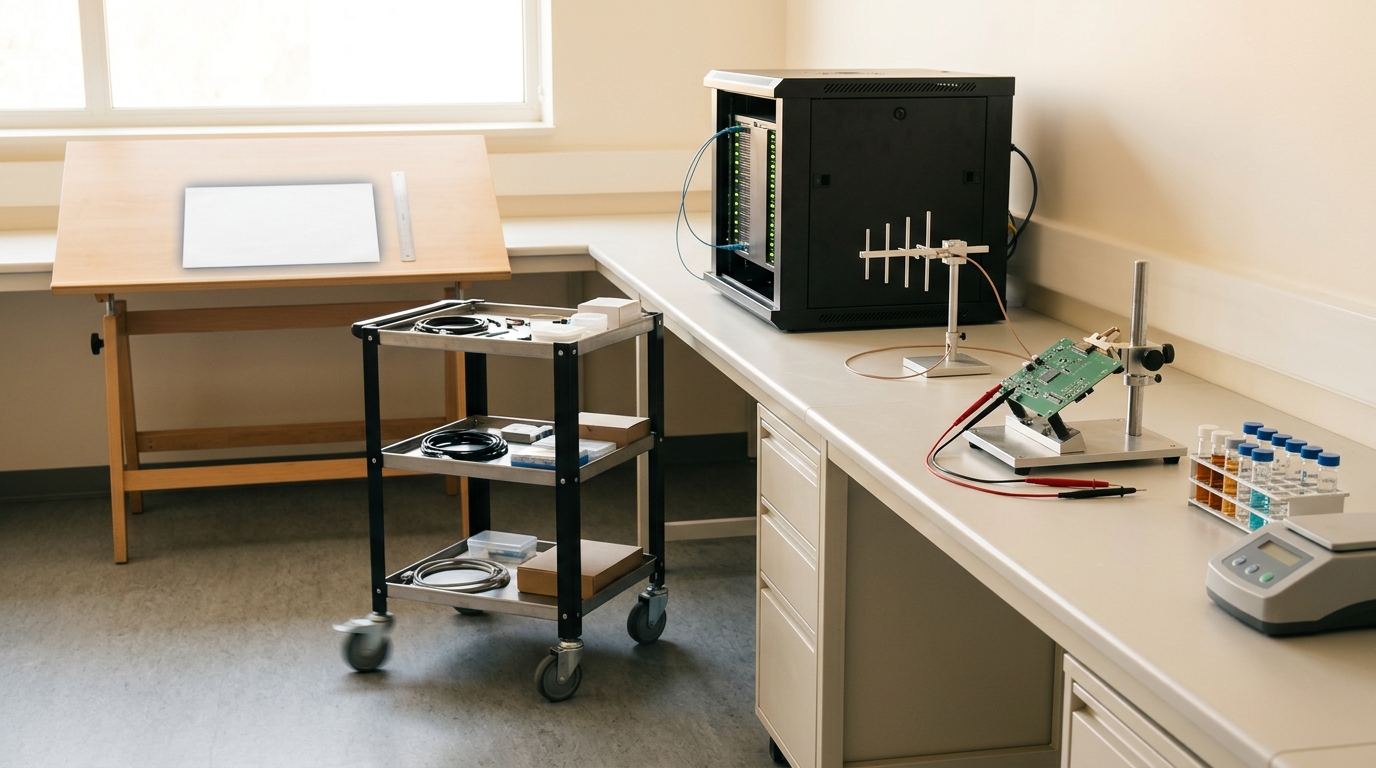 A long research bench holding five distinct stations in a row — a wet-chemistry rack, a circuit board on a probe fixture, a small model antenna, a server rack, and a bare drafting table holding only blank paper — moving from physically dense to empty