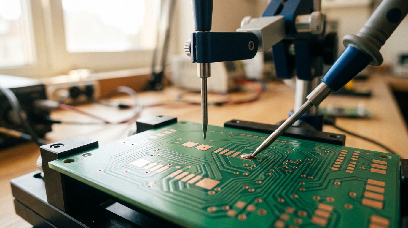 A bare green circuit board on a probe fixture, one fine test lead held just short of its contact pad by a positioning arm