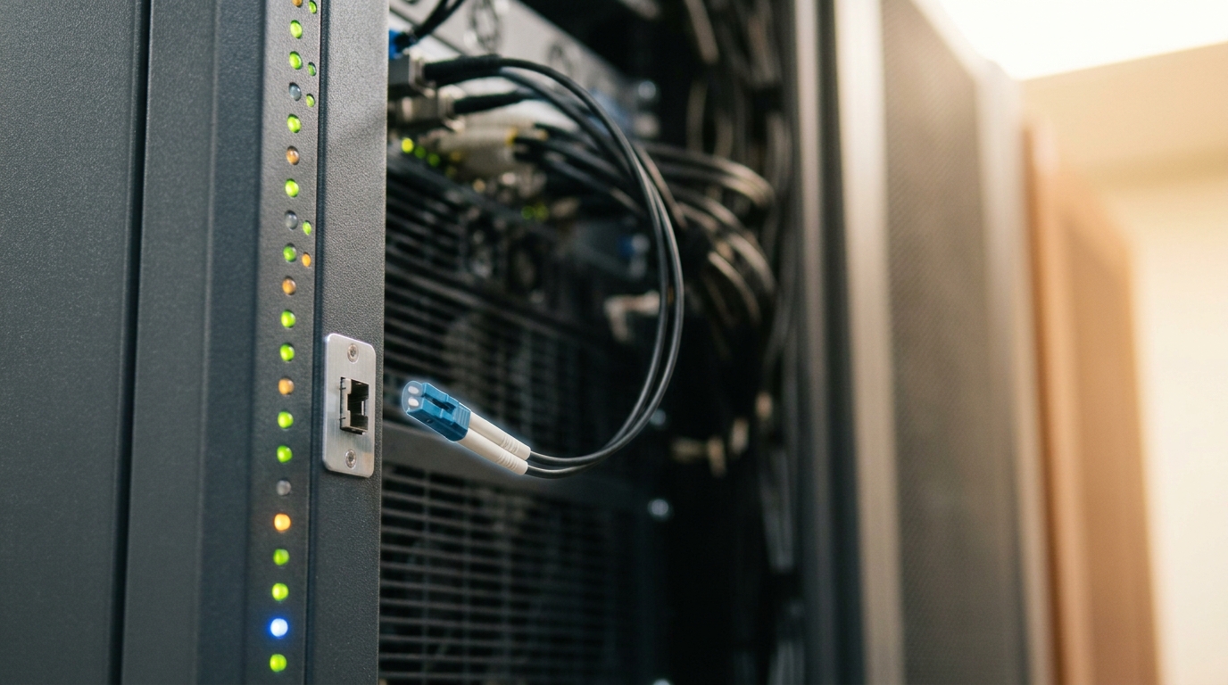 A server rack with a column of status lights, one fiber patch cable hanging from its rear panel with the connector held just short of an open port