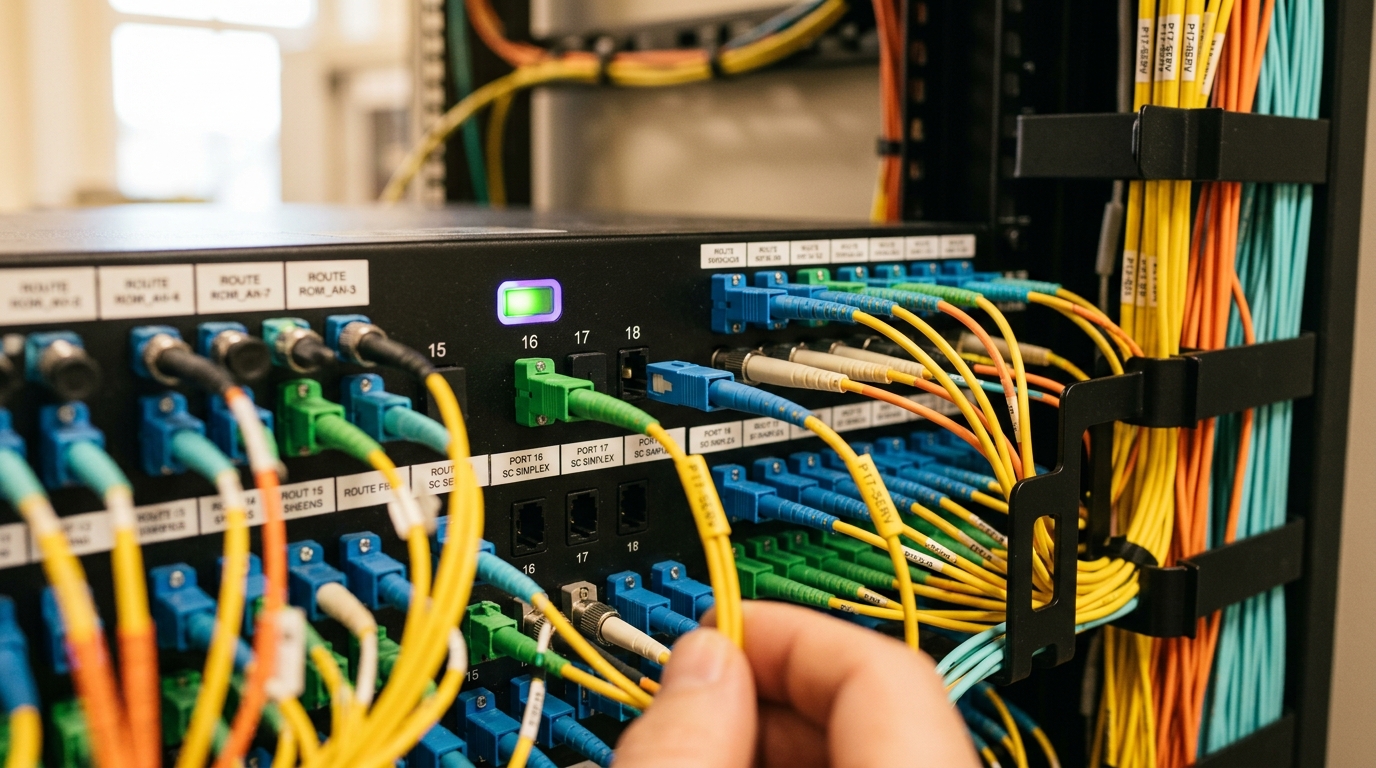 A fibre patch panel distributing the phase-coherent link, one connector mid-seating