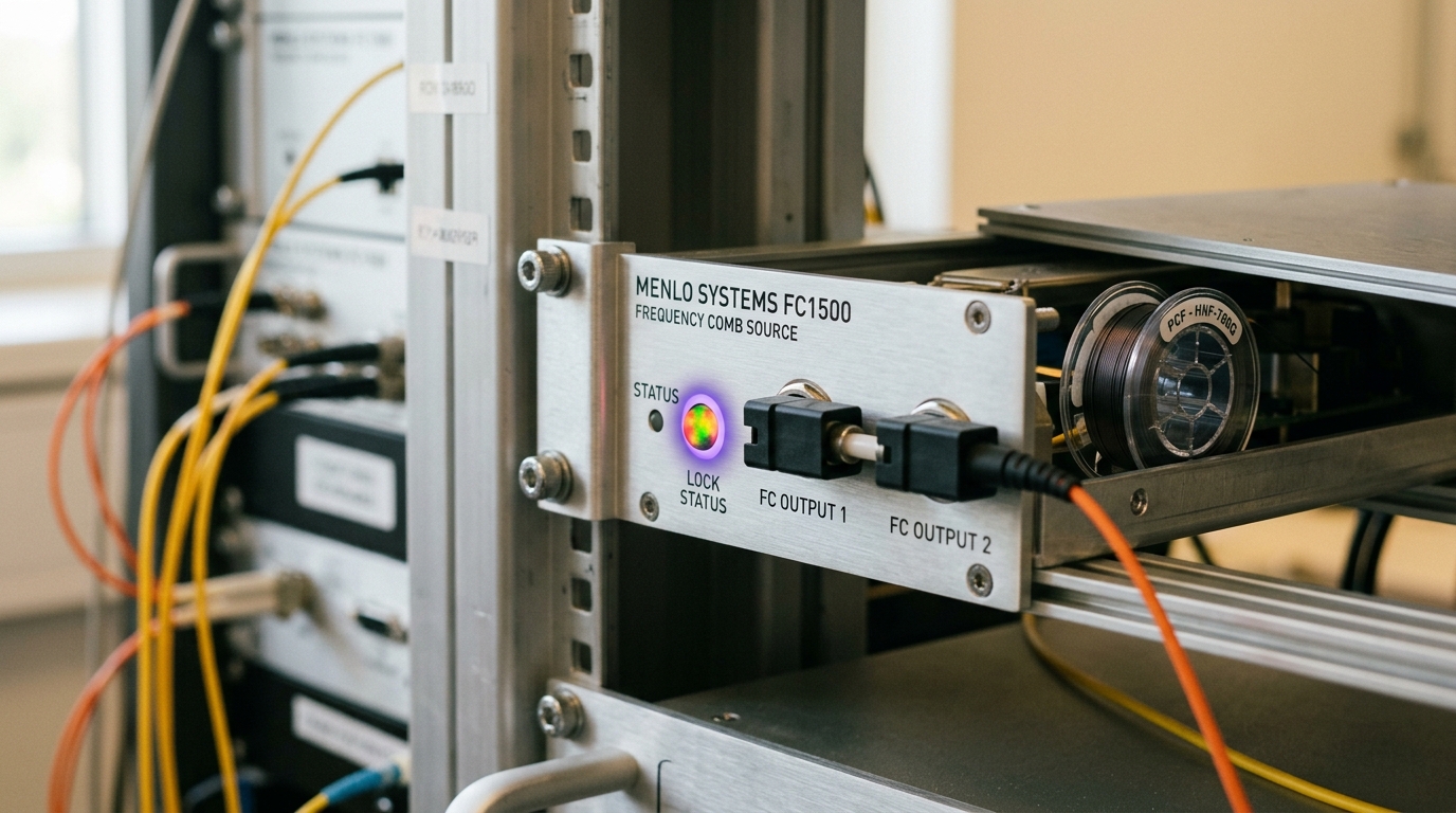 A frequency comb's fibre-coupled module mid-acquisition of a beat note against the clock laser