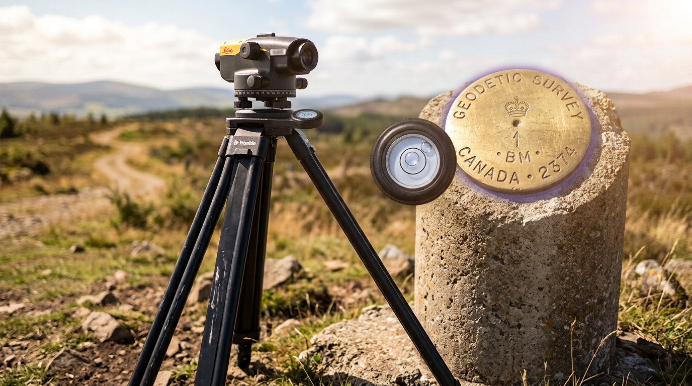 A geodetic survey monument and levelling tripod being set up beside a clock building's foundation