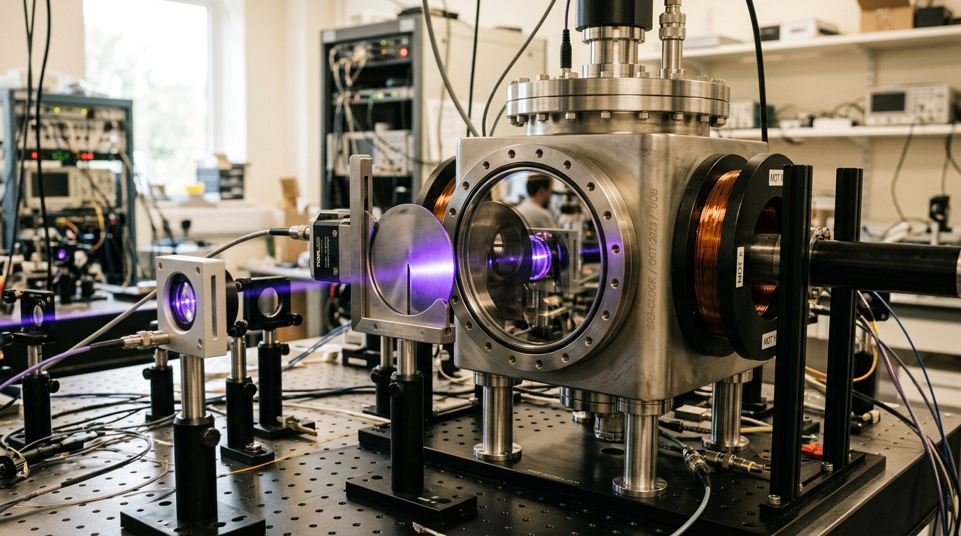 An optical lattice clock's vacuum chamber viewed through its window during atom loading