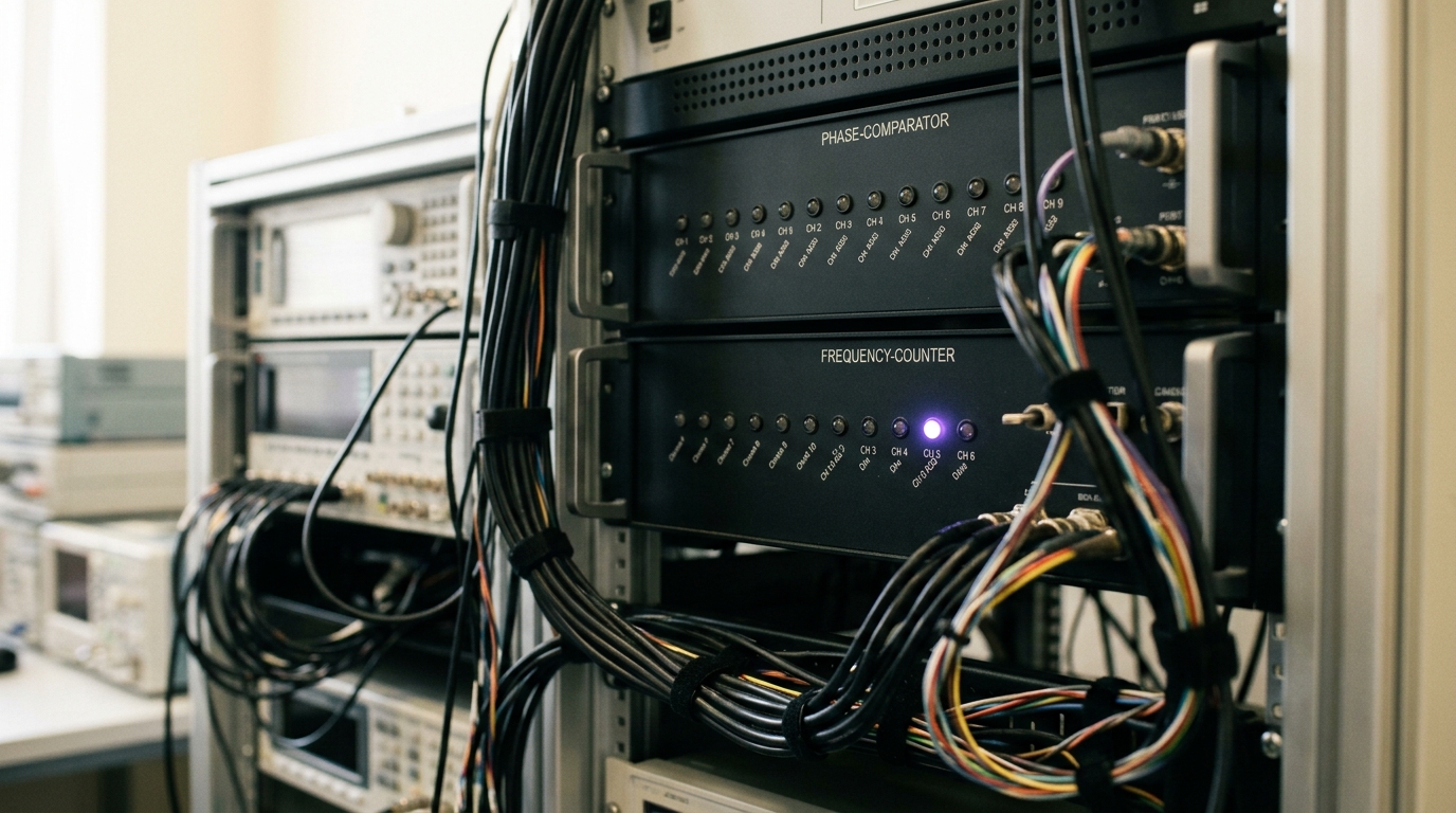 A phase-comparator and frequency-counter electronics rack acquiring live edge data between two clocks