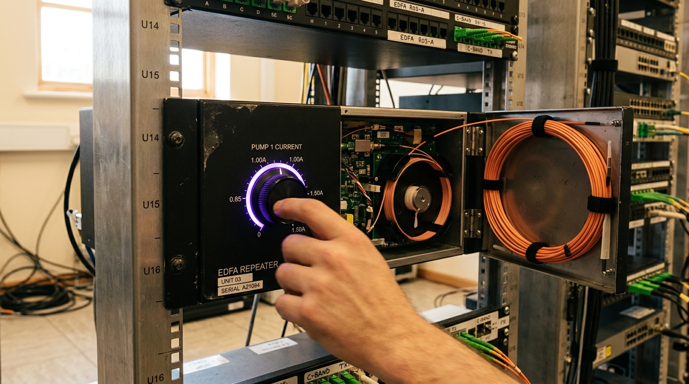 An in-line erbium fibre-amplifier repeater rack along the link route, mid-power-up
