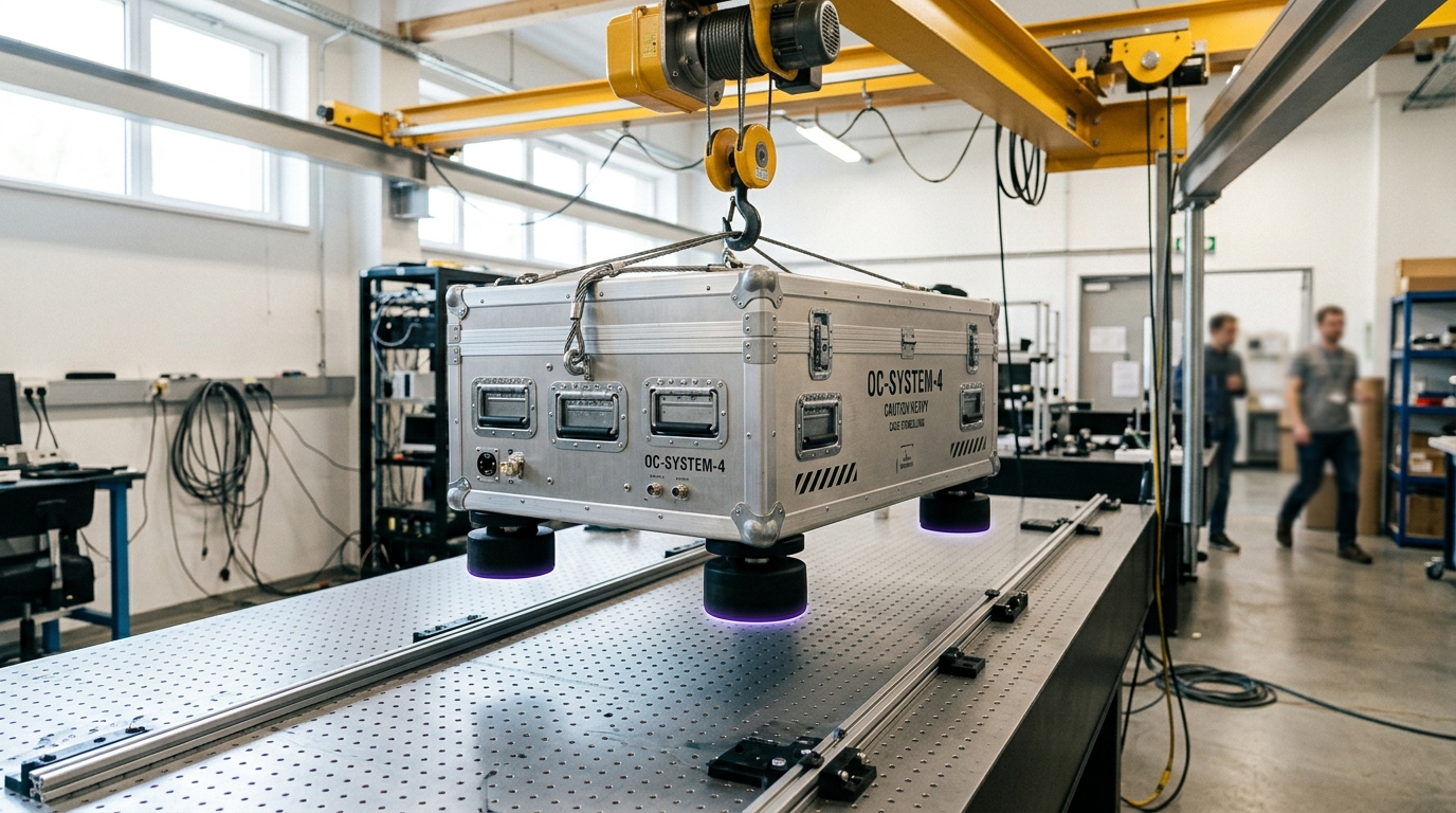 A transportable optical clock unit being lowered by its gantry onto a second site's optical table
