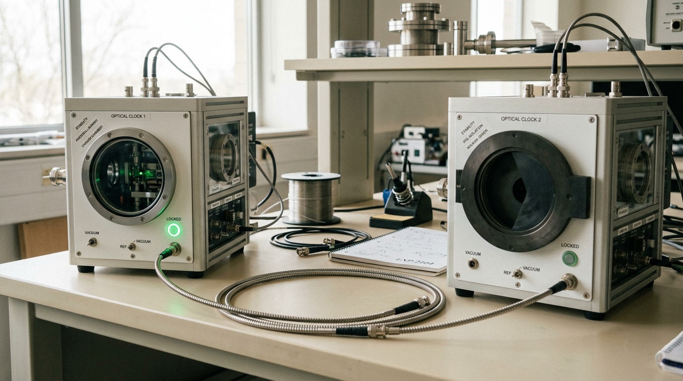 Two optical clocks on a shared bench linked by fiber, one clock's shutter still closing while the other already reads out