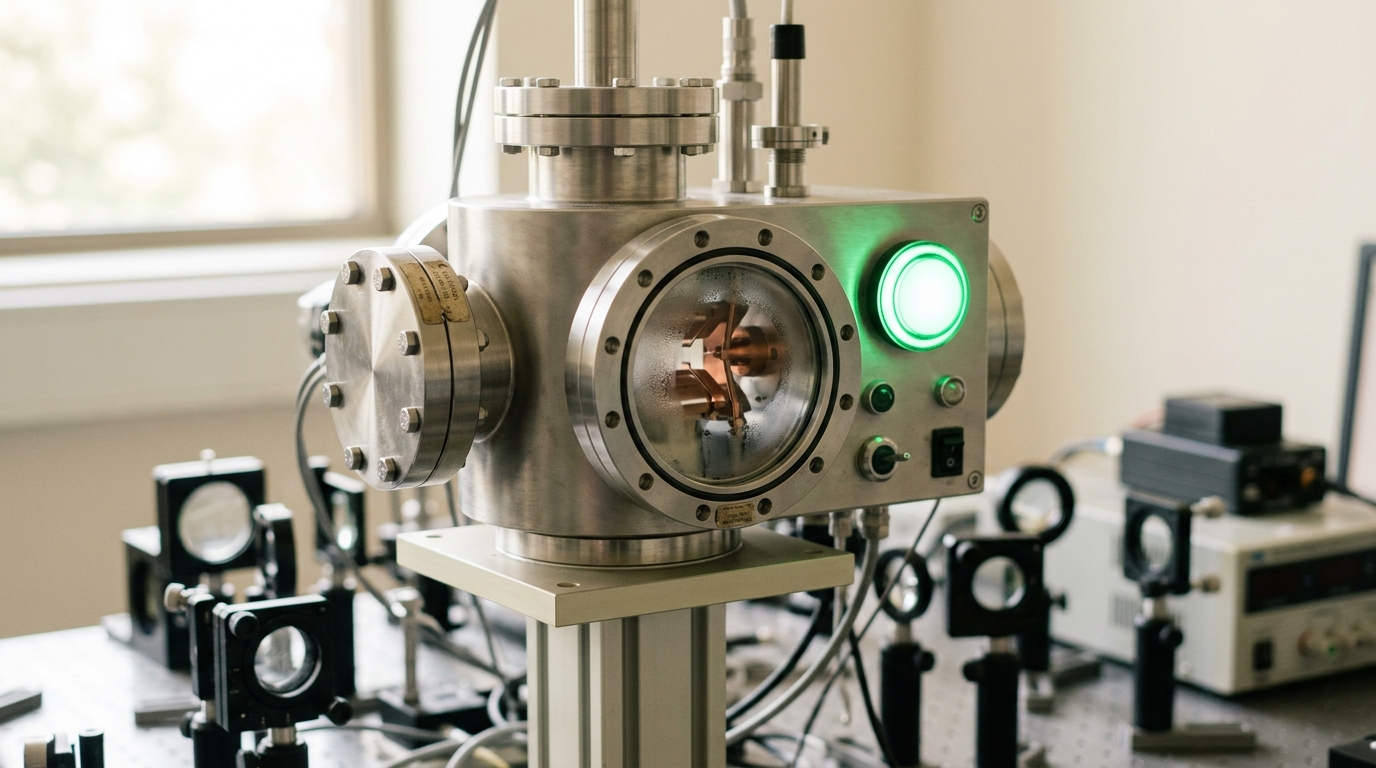 A small vacuum ion-trap chamber mid-run, one viewport still fogged from the last cooldown cycle