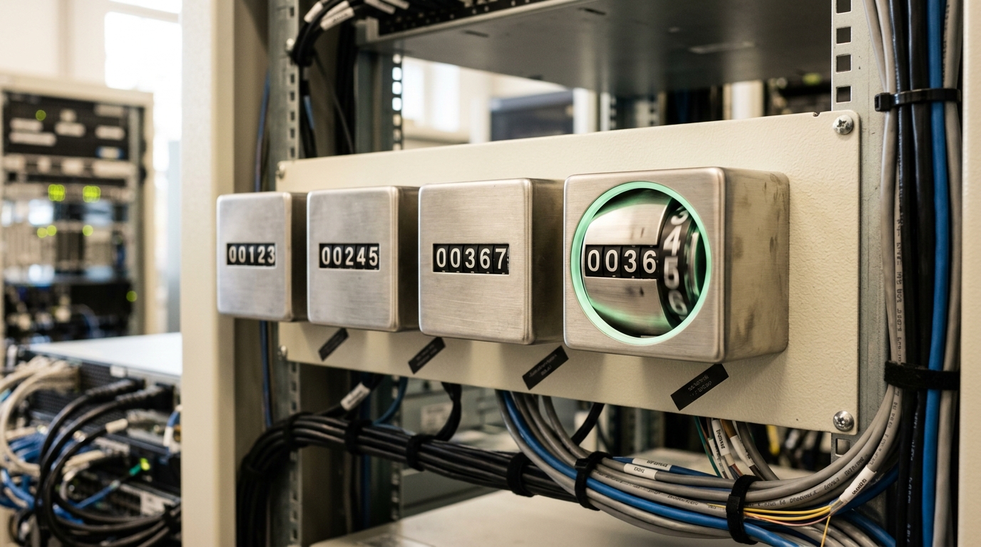 A server-hall bank of mechanical tally counters with three columns settled and a fourth still turning over