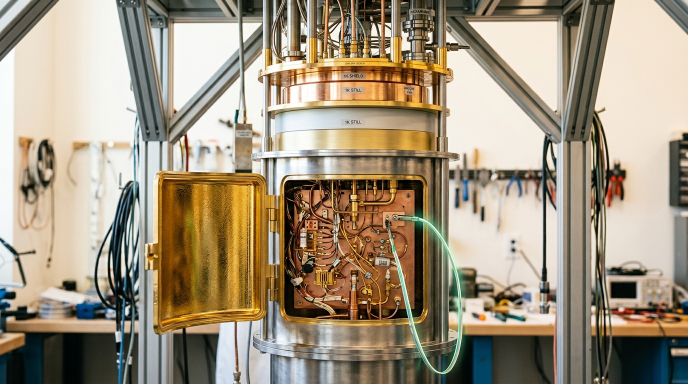 A dilution refrigerator's mixing-chamber stage exposed for service, its thermometer lead connected but its final cooldown shield not yet closed
