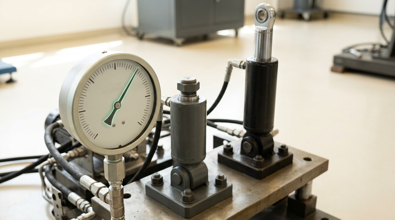 A hydraulic support-strut rig with a load-cell gauge pinned near its mechanical limit while a second strut is still extending