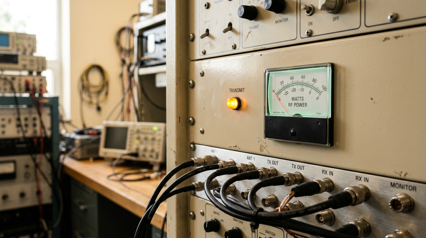 A telemetry rack transmitting outward with its power-level needle falling toward the low end of its gauge