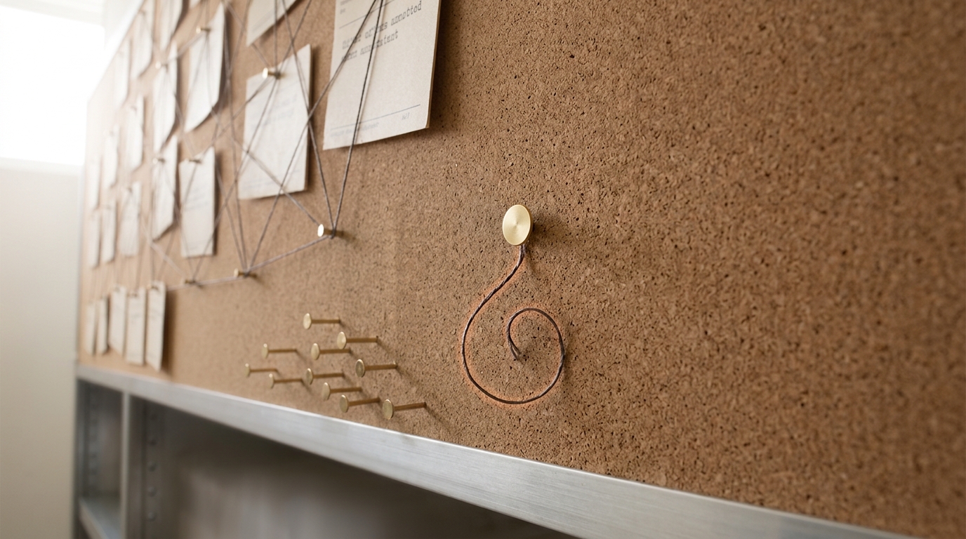 A close view of the corkboard's sparsest edge, one new pin pressed into bare cork with a short length of waxed thread trailing loose from it, unattached to anything, and open cork continuing further right