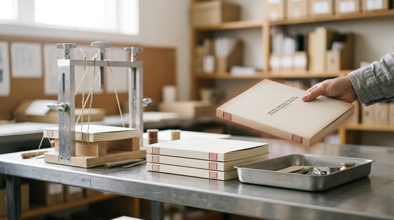A binding station in the archive room holding a stack of identical freshly stitched preprints, the topmost copy caught lifted just clear of the stack above an empty distribution tray