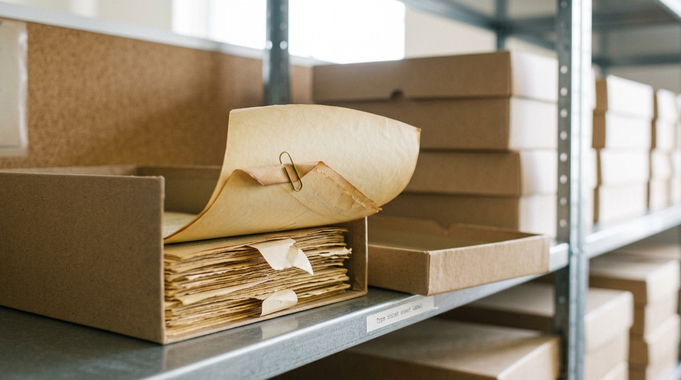 A kraft-board archival box near the start of the shelving row, its lid lifted and set aside, holding a stack of yellowed paper offprints with the topmost one caught pulled halfway out, its brittle edge curling
