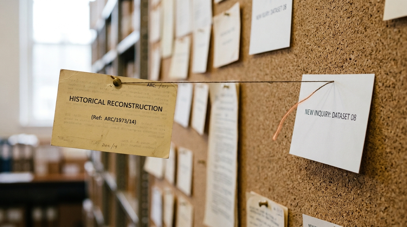 A wide view of a bright archive room, a corkboard wall thick with pinned paper title-page cards and connecting threads on the left thinning to bare cork on the right, where one new card leans against the board with its upper corner still lifted and a loose pin resting beside it