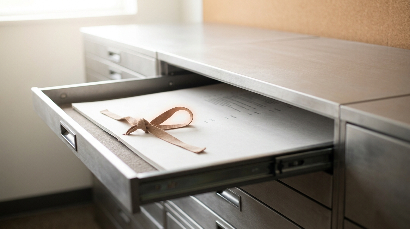 A shallow plan-chest drawer slid open in the archive room, holding a single large printed charter-like sheet with a ribbon binding caught mid-knot, its loop not yet pulled closed, set apart in its own compartment beside the main shelving row