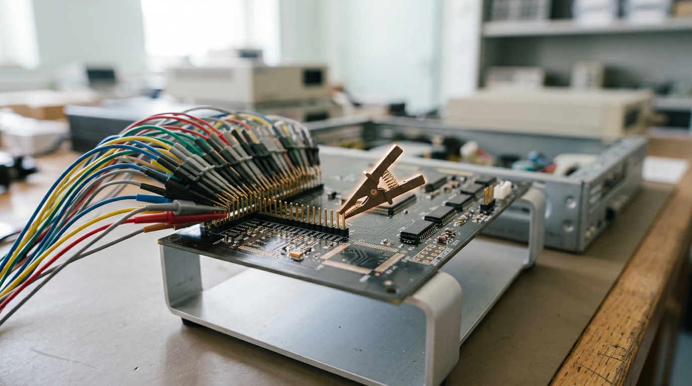 A logic-analyser probe clip caught closing onto a single pin of an exposed circuit board raised on a service stand, its other leads already seated in a loose fan across the board