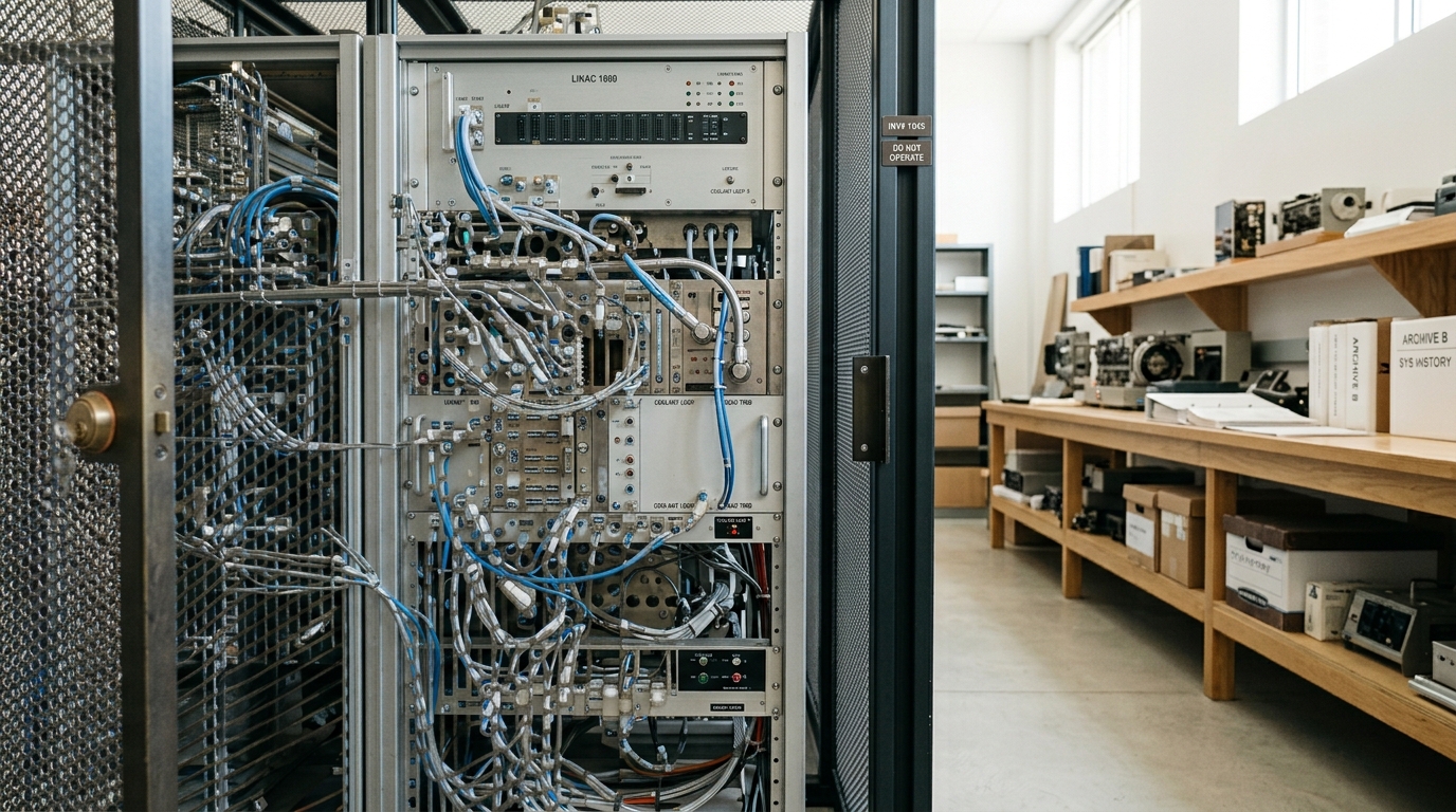 A perforated steel security cage door swinging closed over a liquid-cooled accelerator chassis in the archive row, its keyed lock barrel caught not yet seated in the strike plate