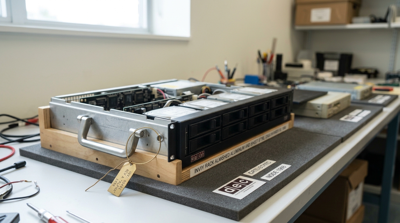 A small early rack-mount server node in the leftmost cradle of the archive bench, its lid lifted and set aside, a brass wire tag looped only halfway through its front handle