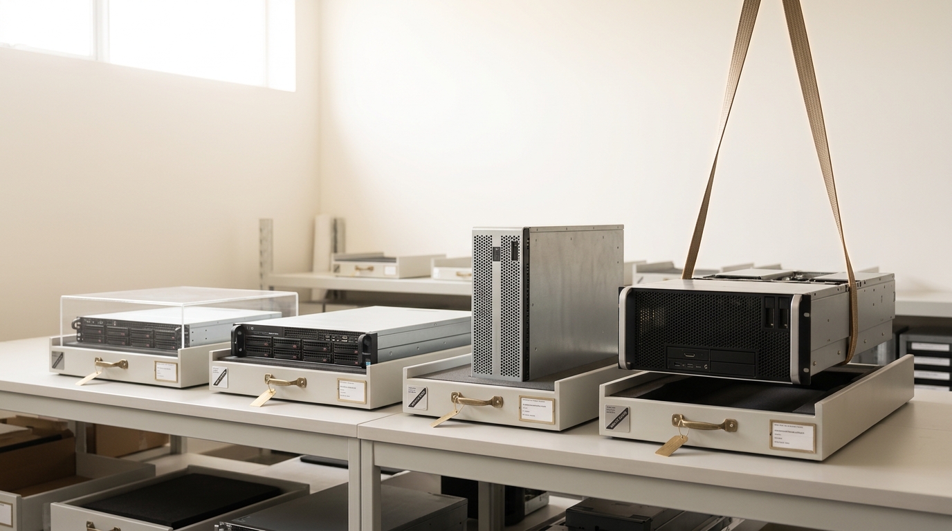 A long archival bench in a bright conservation room holding a chronological row of computing chassis from a small early rack node to a large liquid-cooled accelerator sled, the newest sled still lowered mid-air over its empty cradle on a lifting strap