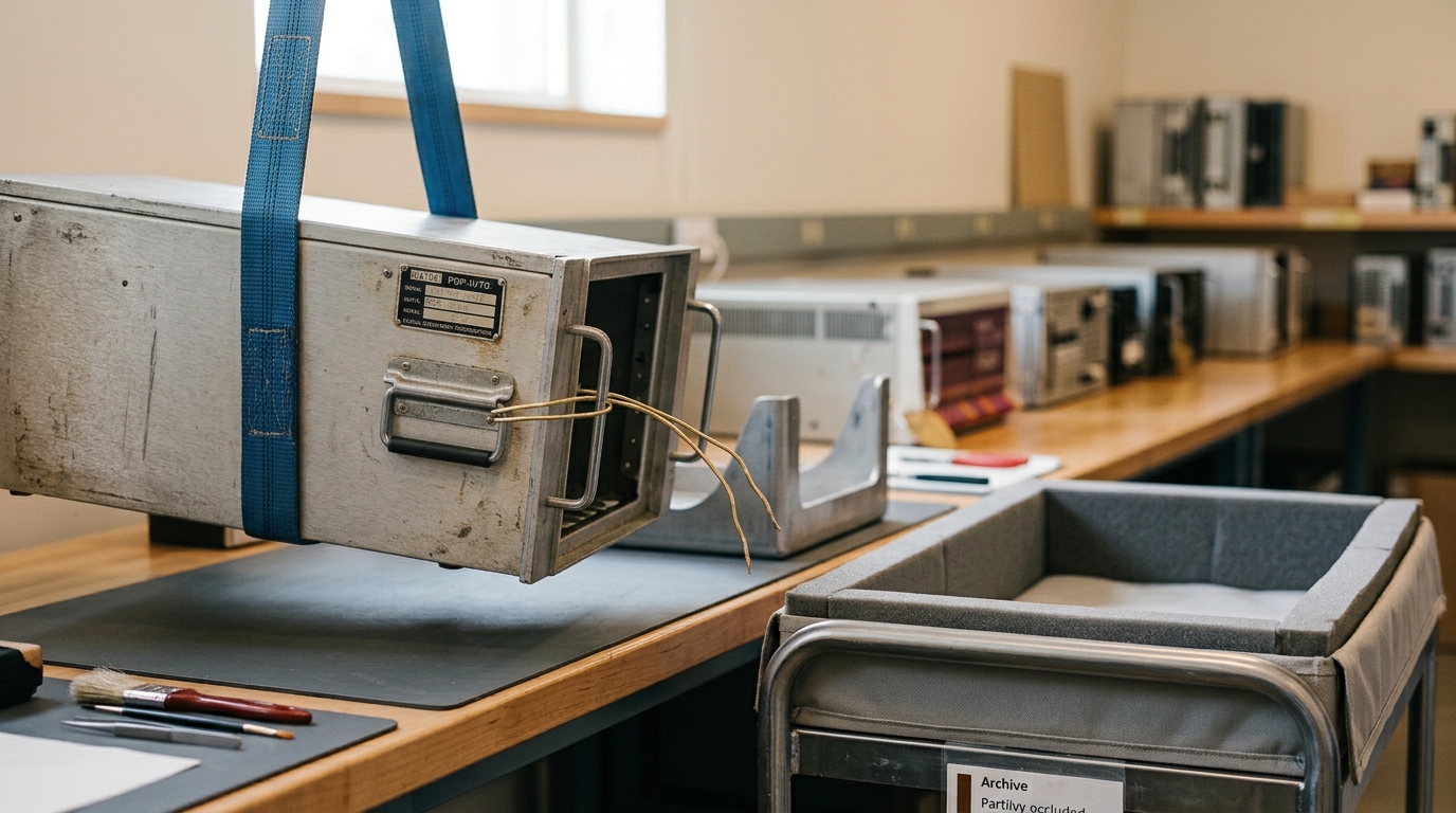 An older server chassis suspended on a hoist strap just clear of the archive bench, swinging toward a padded preservation cart rather than a scrap bin, a fresh brass tag looped onto its handle