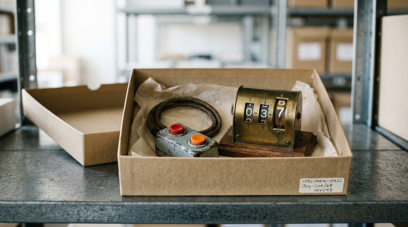 An open kraft specimen box on an archive shelf holding a small two-button joystick control nub and a brass mechanical tally-wheel counter with one digit caught half into its window