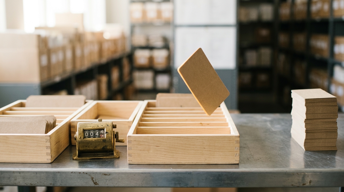 A steel scoring bench with a stack of small blank punch cards, one caught mid-fall between the stack and an open wooden sorting tray, beside a brass tally counter mid-click on a new digit