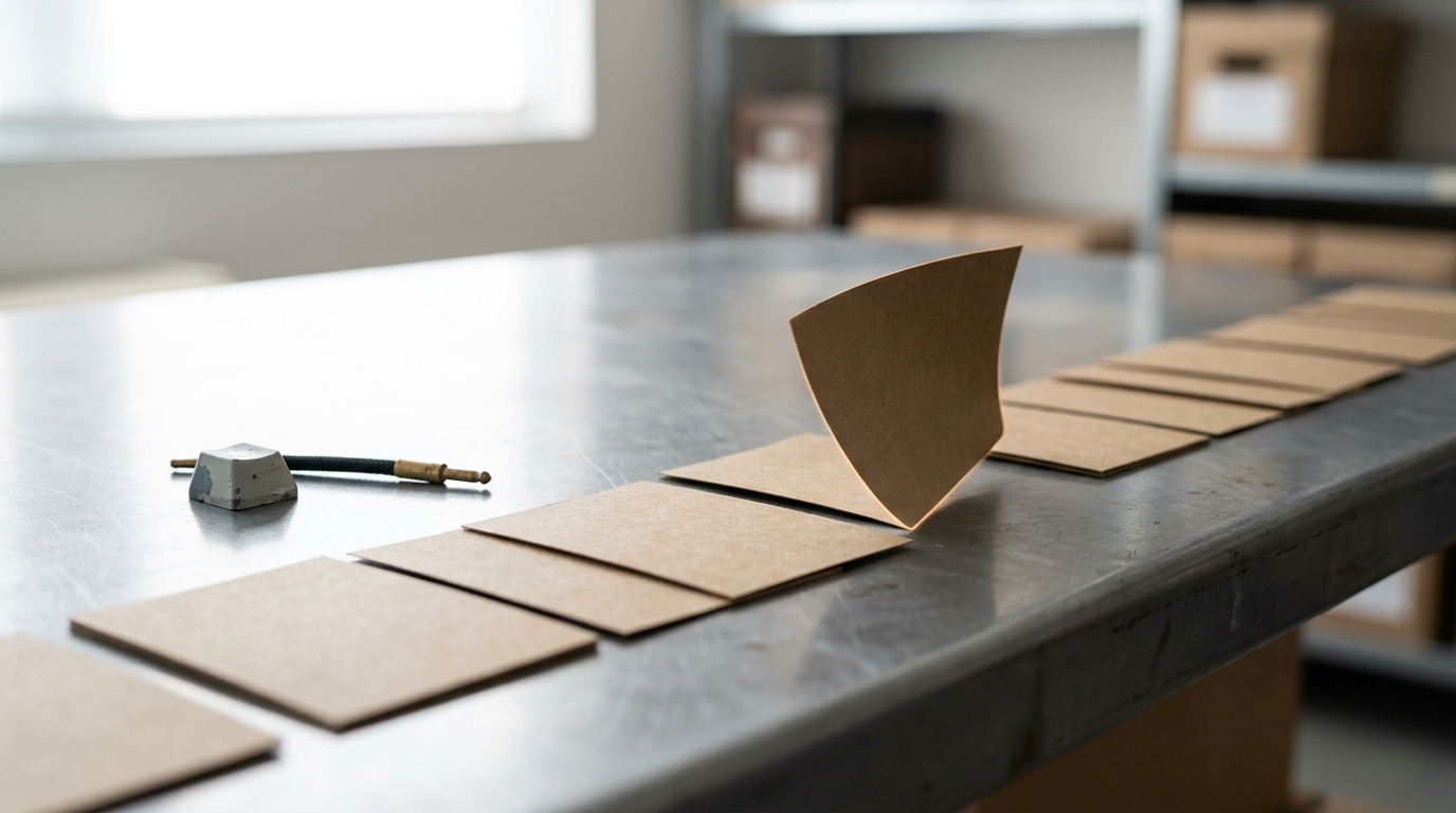 A straight row of small identical archive cards on a steel bench lying flush and flat, one card near the end caught mid-flip standing up on its edge, beside a small keyboard-key fragment and a patch-cable stub