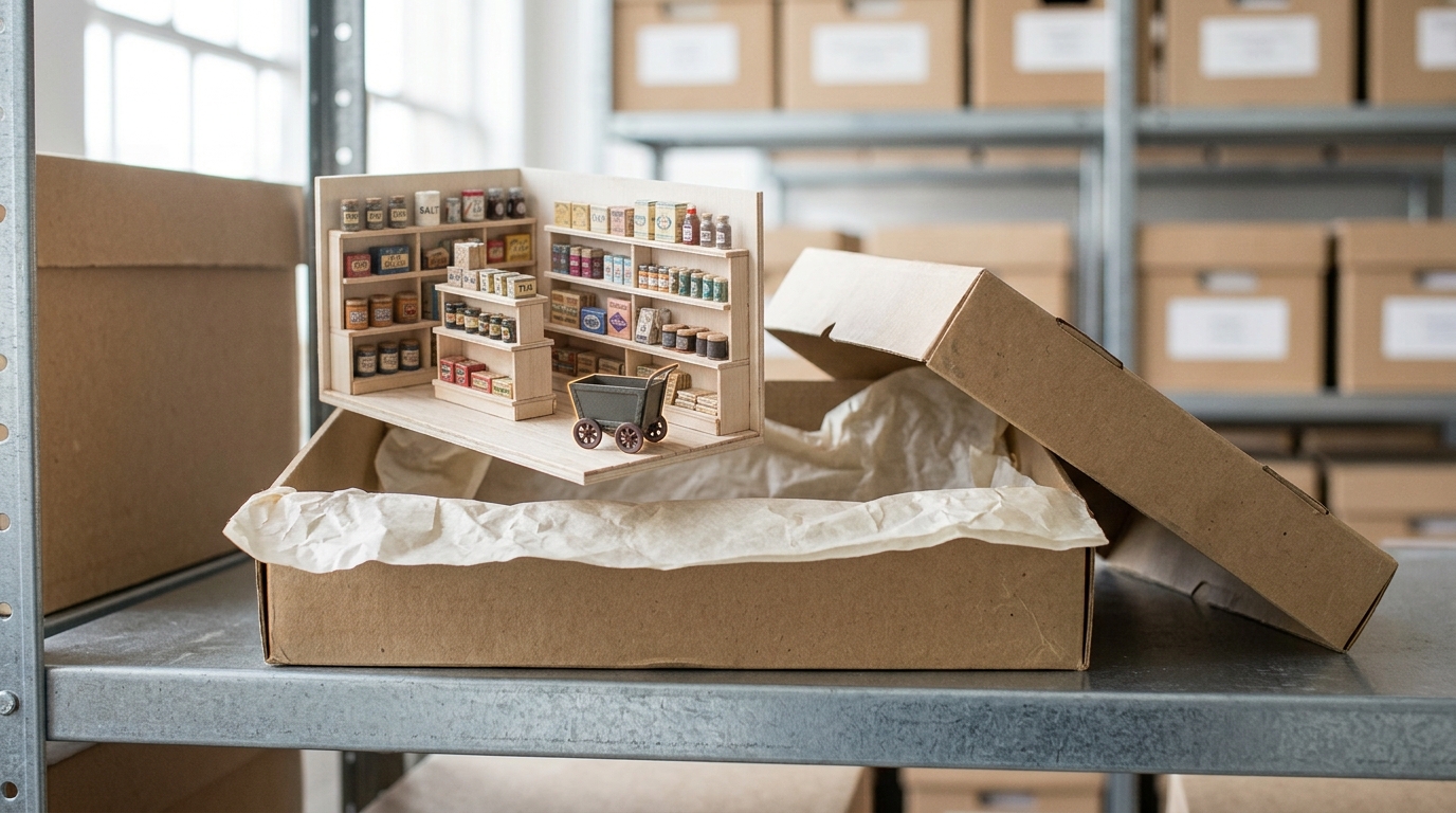 A kraft specimen box with its lid tilted half off, holding a small scale-model shop-shelf diorama with a tiny wheeled cart token caught being lifted just clear of its tissue lining