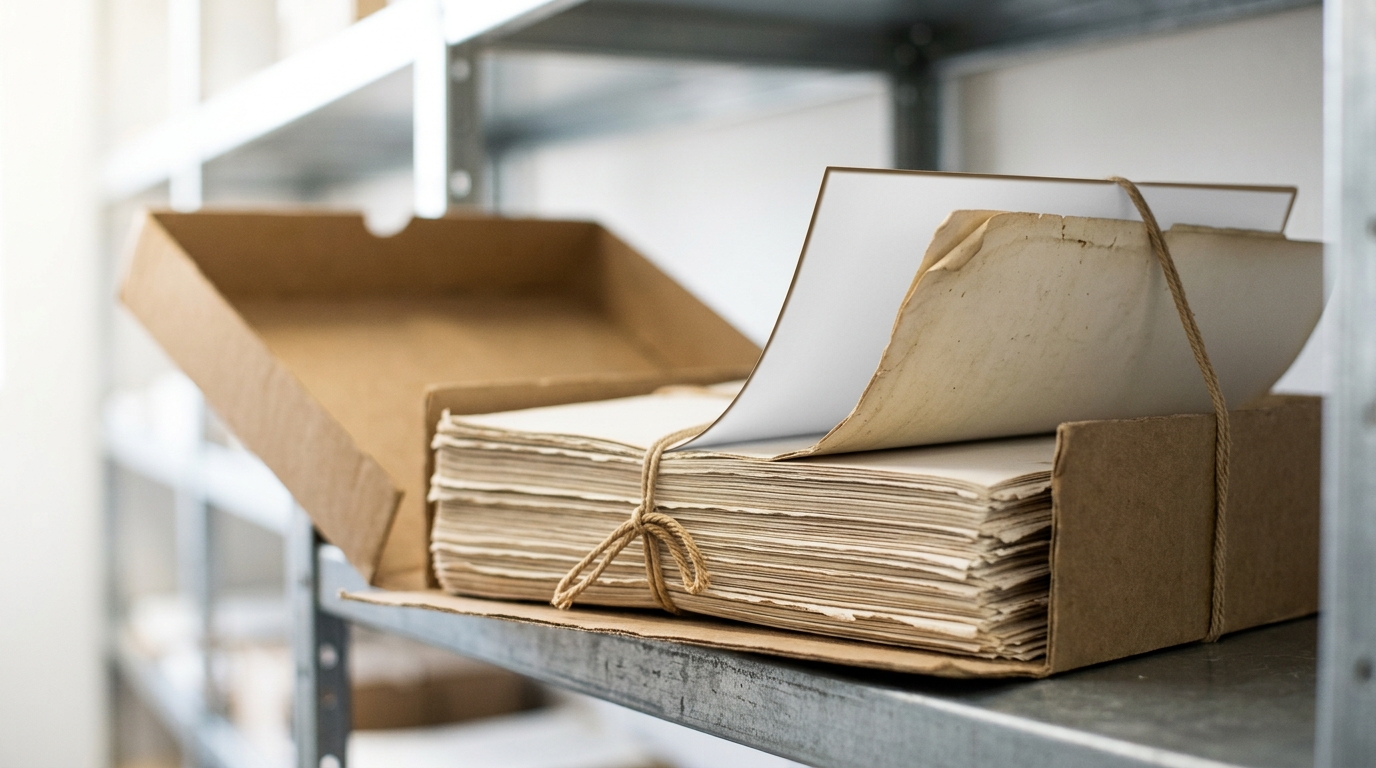 A kraft specimen box holding a thick bundle of paper test sheets tied with waxed cotton string, one worn dog-eared sheet caught half withdrawn while a crisp blank sheet slides into the gap behind it