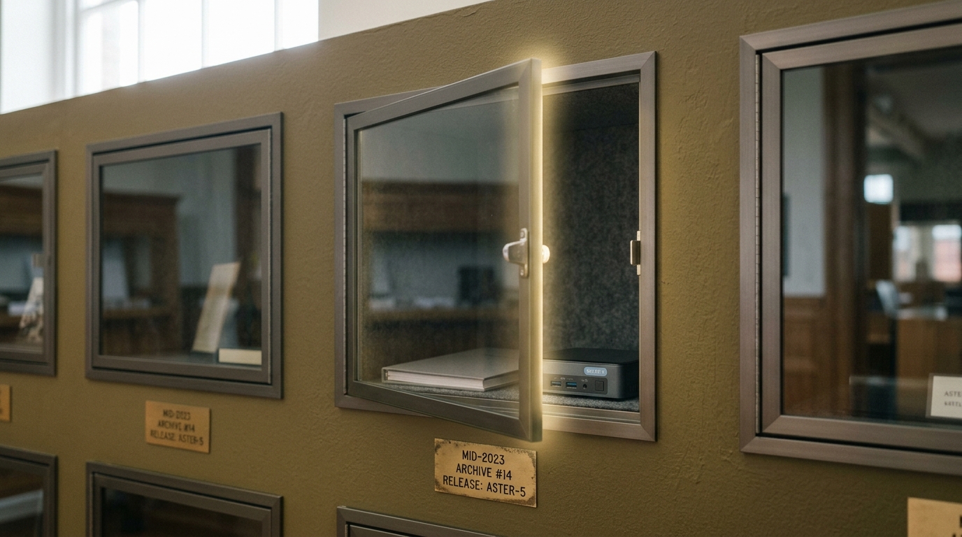 A sealed archive niche dated mid-2023 holding a slim bound licence document beside a small blue-badged server module, its glass door caught mid-swing just short of closing