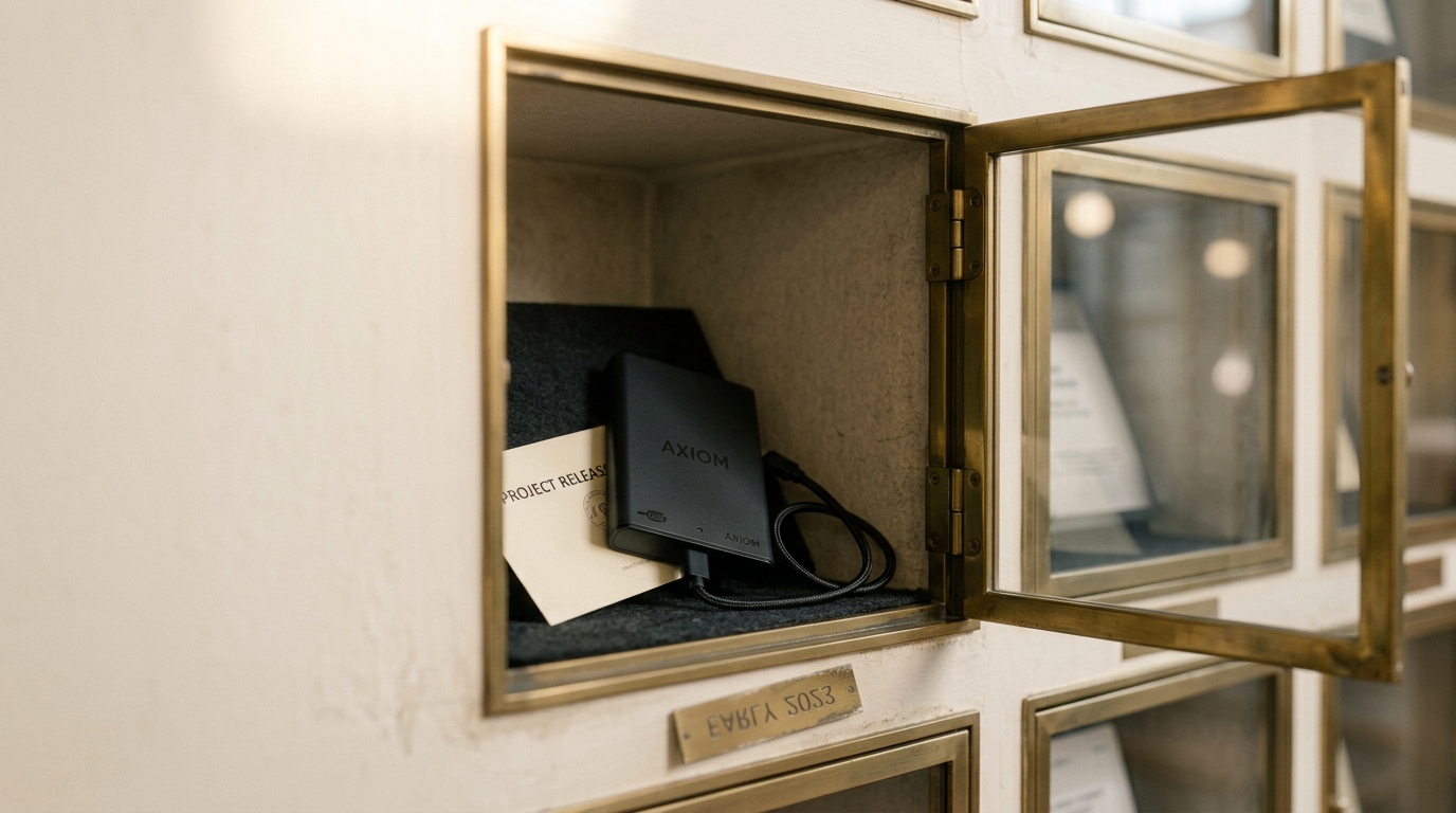 A long wall of glass-fronted display niches in a bright release-archive gallery, receding down a plaster corridor, with a walnut archivist's cart in the foreground holding one artifact half-lifted toward its still-open niche