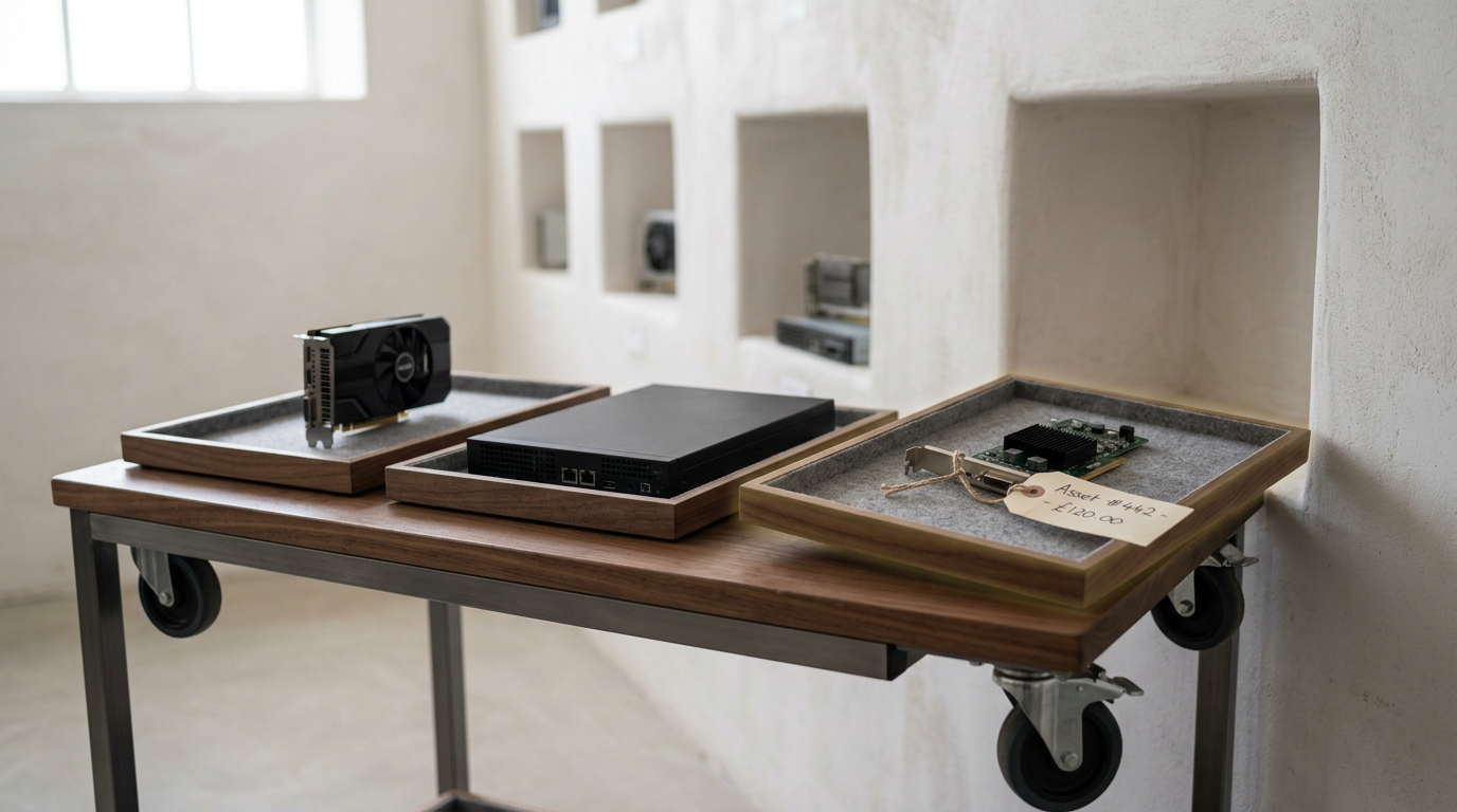 Three small archival trays laid out on a walnut cart, one holding a compact graphics card, one a plain unbadged server module, and one a small accelerator with a handwritten cost tag, the nearest tray still being wheeled toward the wall