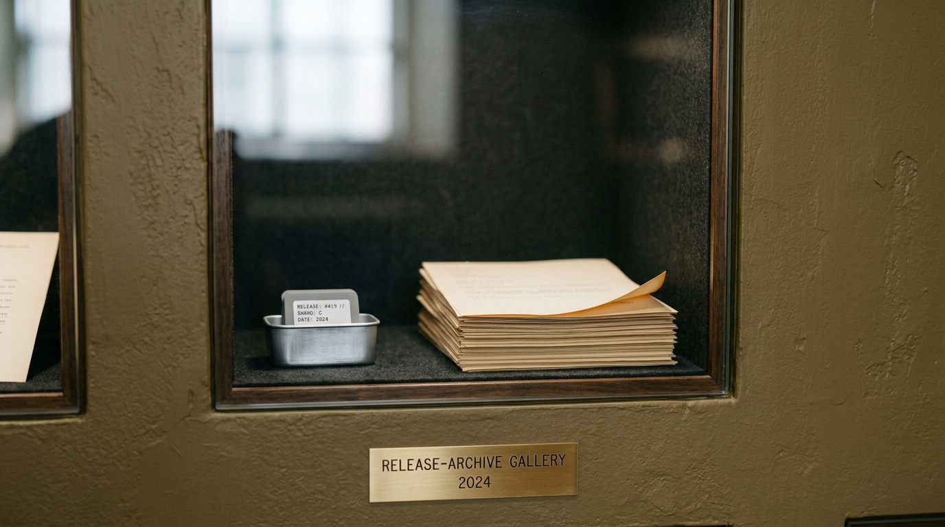 An archive niche dated 2024 holding a small fanned stack of printed sheets beside a labelled storage shard, the top sheet caught still sliding into alignment with the rest
