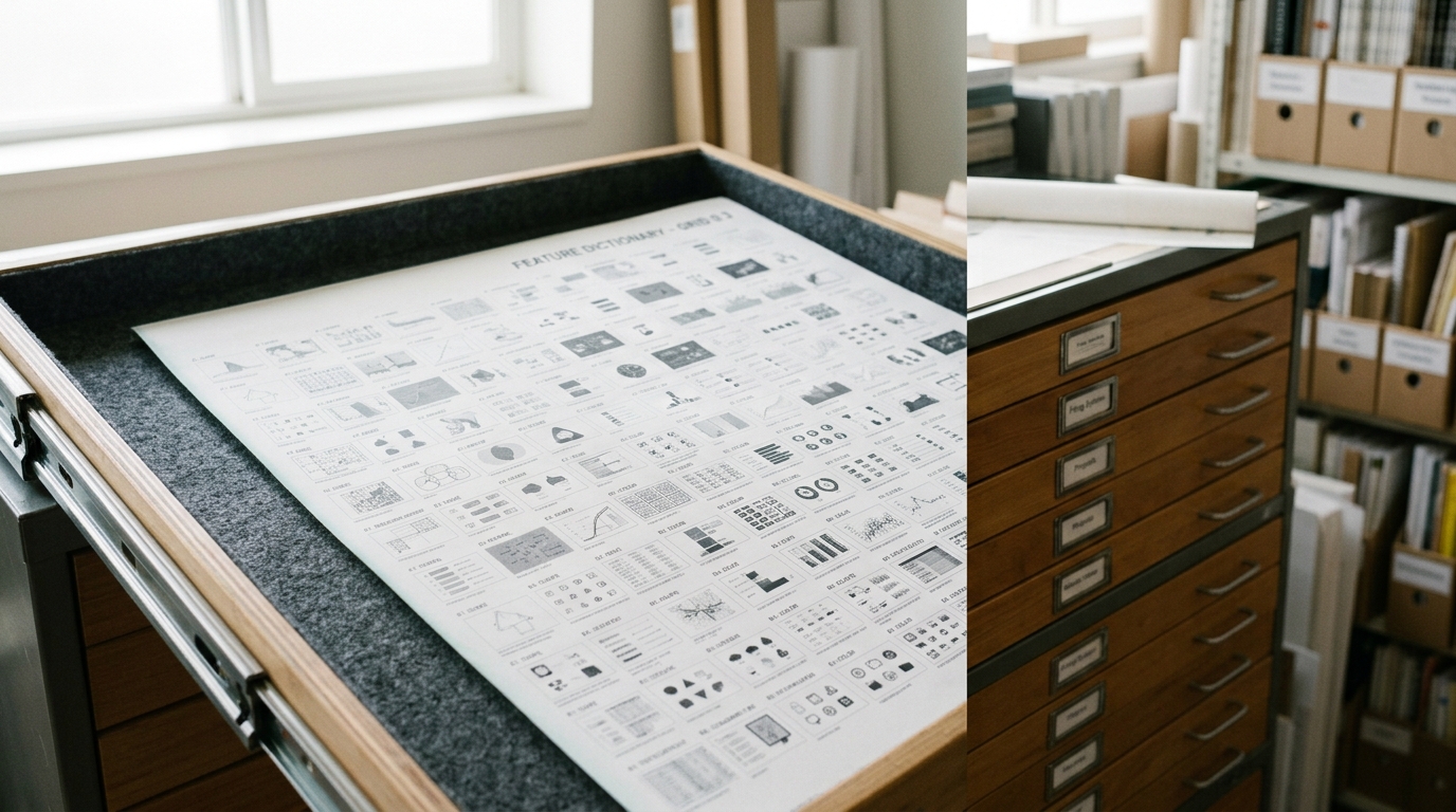 A shallow felt-lined flat-file drawer slid open to reveal a large fold-out printed sheet of a feature-dictionary grid, one corner still curled and not yet flattened